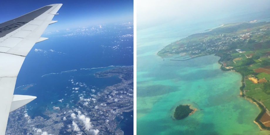 飛行機から撮った沖縄の海(左)と。左がサンゴ礁が豊かな宮古島の海（右）。宮古島では水が透き通っている。 